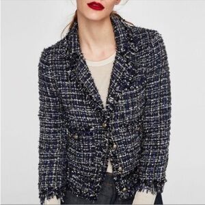 Zara Woman Tweed Blue Metallic Button Boxy Blazer Size M